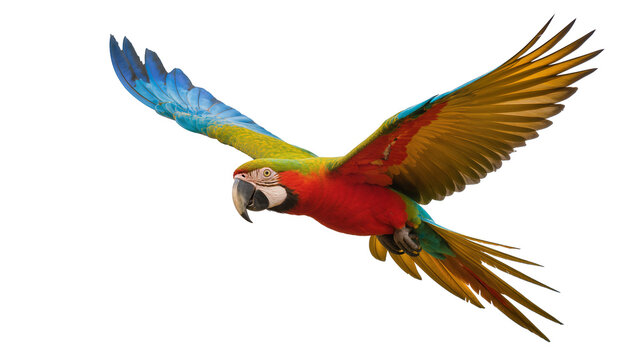 Colorful flying Scarlet Macaw parrot with outstretched wings