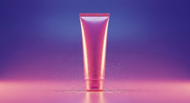 Pink tube with glitter particles on purple background