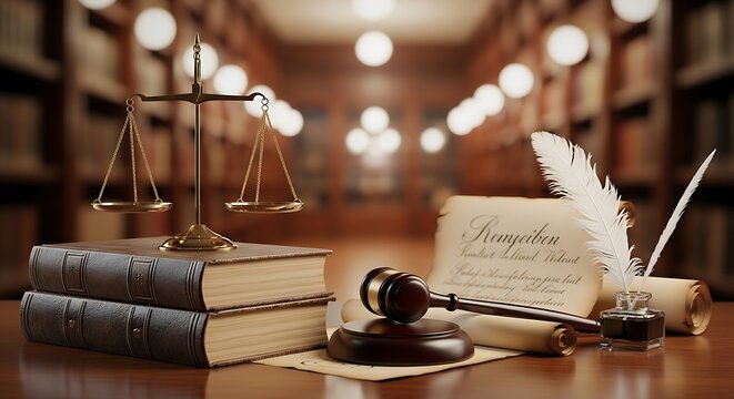 Justice scale and gavel on a wooden table with old books and a quill. Beautiful bokeh lights in a classic library background. Perfect for law firm websites and attorney advertising.