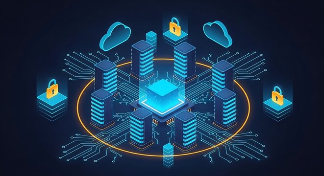 Server infrastructure interconnected via glowing circuit paths with security locks and cloud storage icons. Ideal for cloud computing and data protection advertising.
