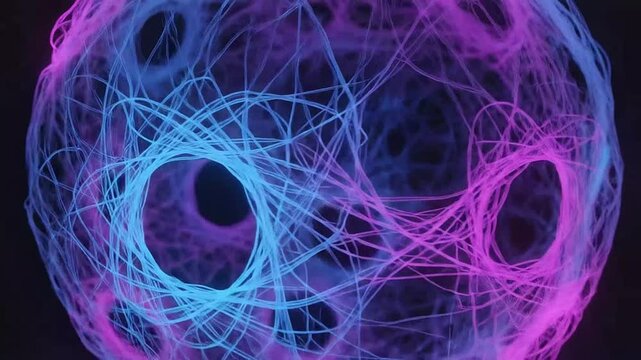 Abstract glowing fiber sphere in neon blue and pink
