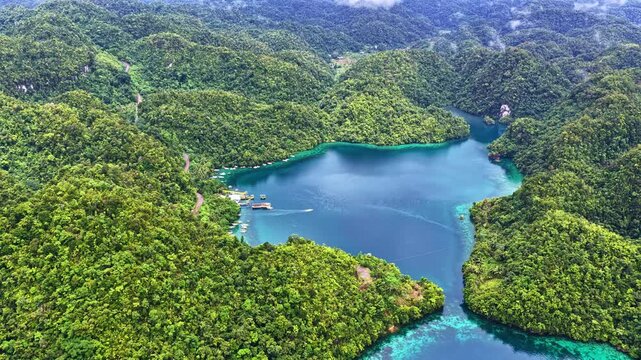 A stunning aerial view of a turquoise lagoon surrounded by lush tropical forest in the Jellyfish Sanctuary of Sohoton, Philippines.