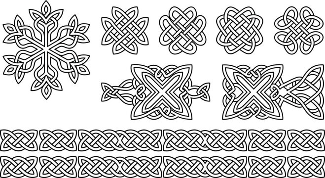 Traditional Celtic Knot Ornament Set with Intricate Borders, Geometric Patterns, and Cultural Symbols for Ancient Irish and Scottish Heritage Projects