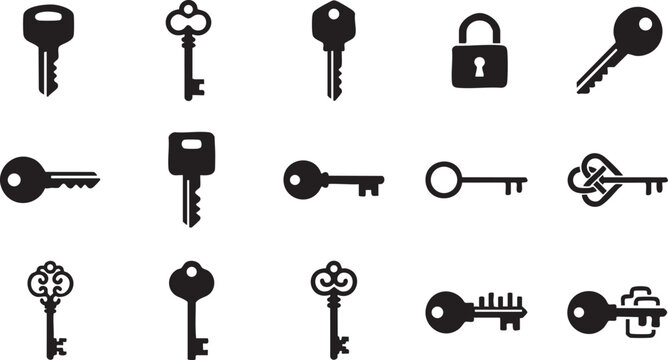 Detailed vintage and modern key icon set for security and access.