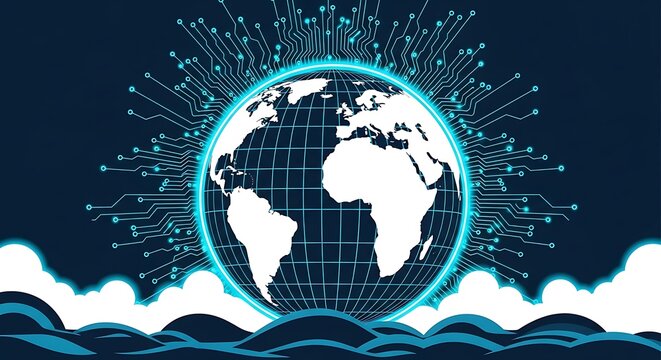Global connectivity hub features a glowing planet with intricate circuitry and light rays above stylized clouds. Ideal for international telecommunications marketing.