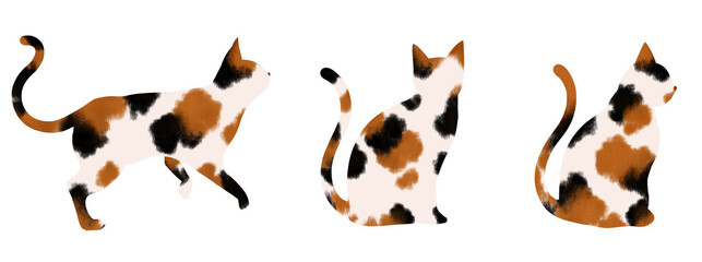 猫　素材　セット　アイコン　あしらい　ワンポイント　飾り　見出し　挿絵　全身　かわいい　シンプル　三毛猫　透過　Set of isolated cute cats.Calico cats in various poses.icons,stickers © あんもち