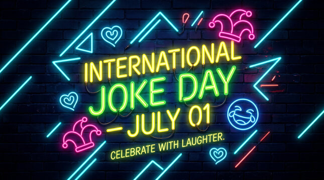 Futuristic international laughter celebration neon typography with glowing comedy symbols and playful humor vector artwork