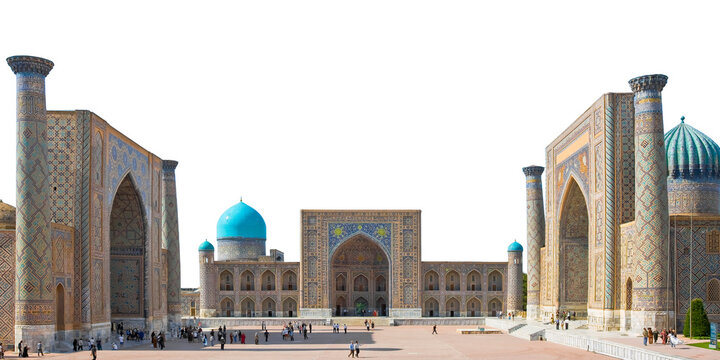 UZBEKISTAN - REGISTAN SQUARE IN SAMARKAND WITH ISLAMIC MADRASA ARCHITECTURE - HISTORIC TIMURID LANDMARK - IT WAS THE HEART OF SAMARKAND DURING THE TIMURID EMPIRE - CONCEPT WITH COPYSPACE