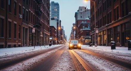 Obraz premium Snowy city street in downtown with cars and brick buildings during twilight