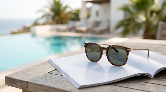 Sunglasses on an open book at a luxury villa pool side during summer
