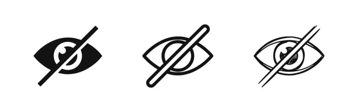 Hidden visibility icons, privacy eye symbols set with diagonal cross line