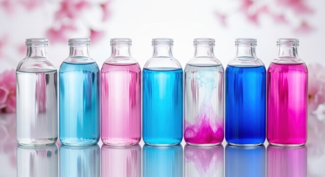 Seven glass bottles with colored liquids on reflective surface
