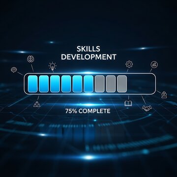 Skills development loading bar with abstract business icons