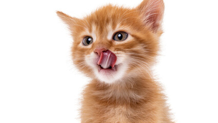 Fluffy orange kitten licking lips with curious expression © Paula