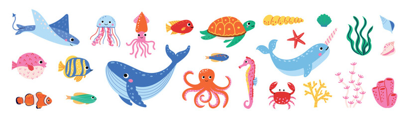 Cute sea animals and ocean elements collection. Whale, narwhal, stingray, turtle, octopus, jellyfish, fish, coral and seashells. Underwater marine life set for kids design. Vector illustration. © Hanna Bykova