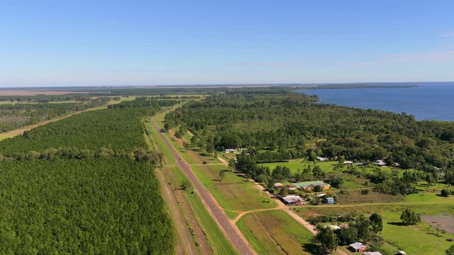 Route 12, winds through lush forests and rural landscapes near the Rio Paran&aacute; in Santa Tecla, Corrientes, Argentina. Ideal for travel documentaries and geographic studies.