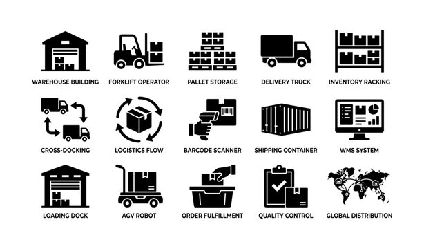 Logistics and warehouse icons illustrating warehouse operations
