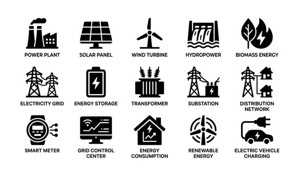 Icon set illustrating energy and grid concepts on white background