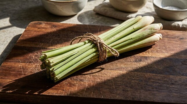 Fresh fragrant bundle of green lemongrass stalks tied with rustic twine, resting on a textured dark walnut cutting board in morning lights.