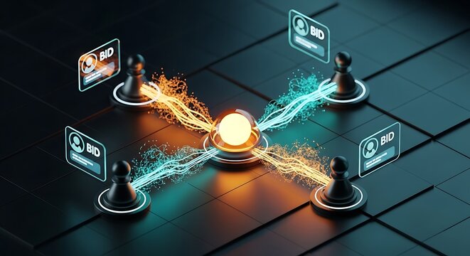 Digital bidding system features glowing pawns connected to a central energy core with vibrant light trails and sharp focus. Ideal for e-commerce and auction platform advertising.