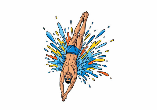 Illustration of a professional swimmer performing a high dive into water.