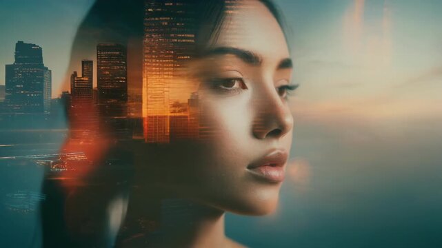 Woman face with cityscape double exposure.