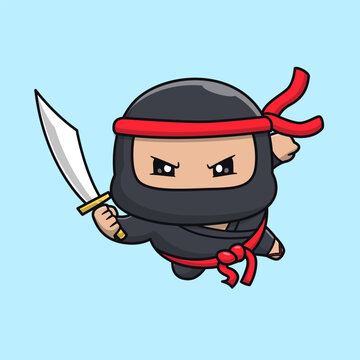 Cute Ninja Flying With Sword Cartoon