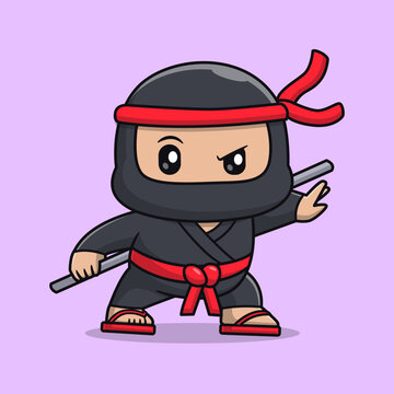 Cute Ninja With Stick Cartoon