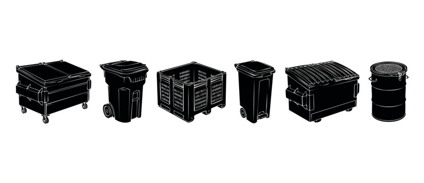 Dumpster and Trash Can Icons Set, Waste Management Equipment Collection for Recycling and Garbage Disposal Services, Industrial Plastic Bins, Roll-off Containers and Industrial Refuse Collection Vecto