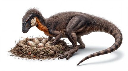 Fototapeta premium Zupaysaurus rougieri nesting and protecting eggs, isolated on white background, ultra realistic paleoart reconstruction, soft studio lighting