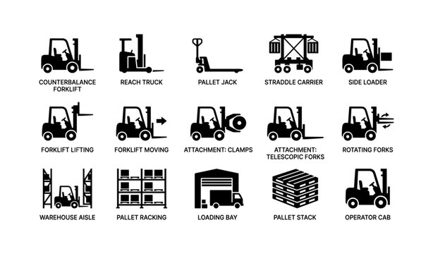 Forklift and warehouse equipment icons on white background