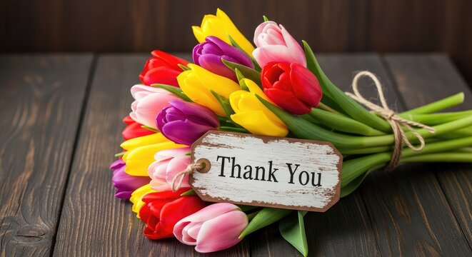 Colorful tulips bouquet with thank you tag.