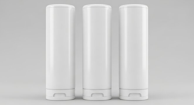 Three white cylindrical containers standing side by side