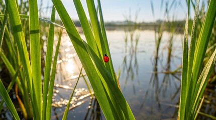 Obraz premium Low angle macro shot looking through vibrant green blades of tall marsh grass at a calm pond, featuring a tiny red ladybug on one blade.