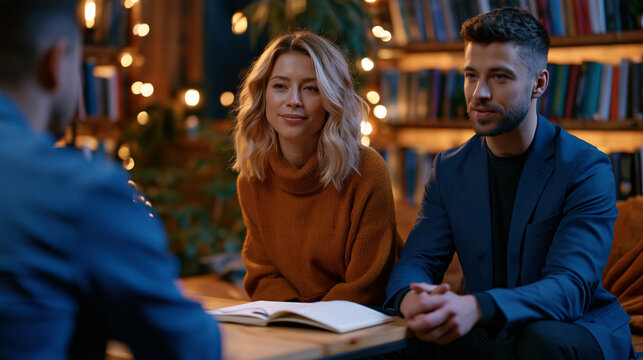 Candlelit behavioral psychology therapy room where a therapist and single patient sit across a low table, notebook open, soft warm shadows filling bookshelves lined with research volumes, ideal for 