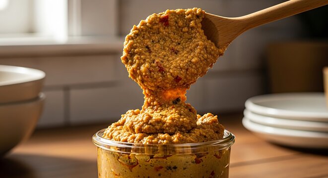 Wooden spoon stirring thick vegetable soup or savory stew in a glass bowl inside a home kitchen. marmite