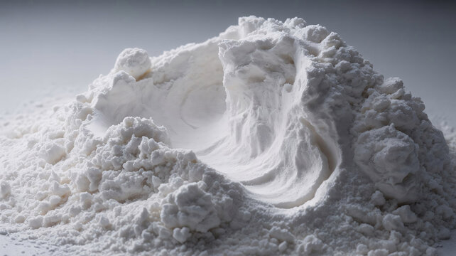 Close-up of a white powder flour heap for baking ingredient or cosmetic use concept