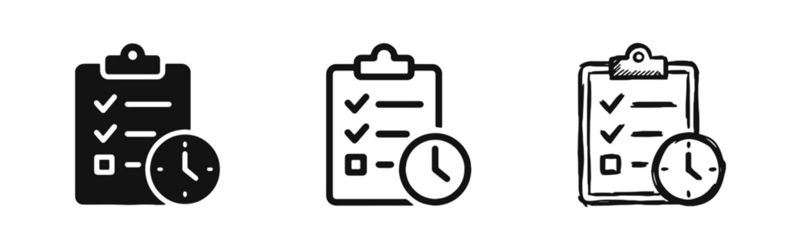 Task management and deadline icons showing clipboard and clock in flat line and hand-drawn styles