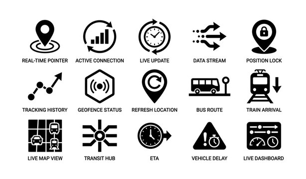 Transit tracking icons displaying live status and map features