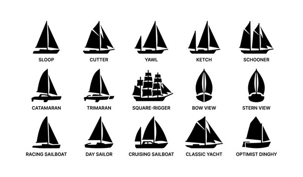 Sailboat type icons showing different rigging and hull styles
