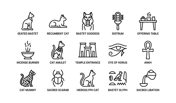 Bastet and related egyptian symbols shown in grid layout