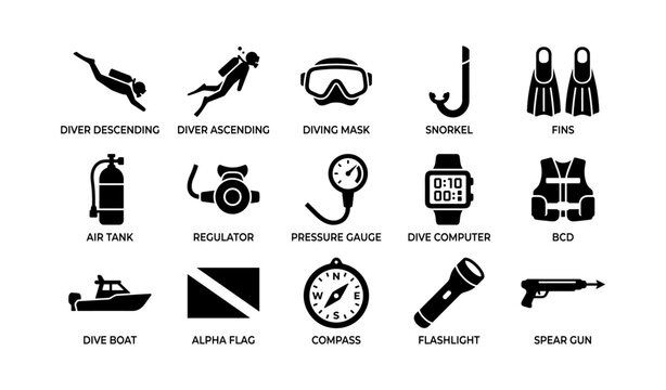 Scuba diving equipment icons arranged in grid on white background