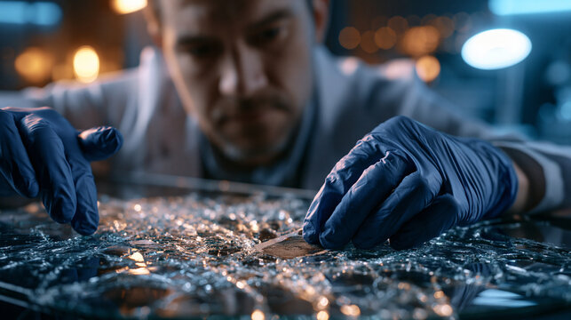 Forensic scientist under harsh overhead lamp lifts latent fingerprint from shattered glass evidence with adhesive tape, detailed gloved hands centered, dark sterile lab surroundings fading to black,