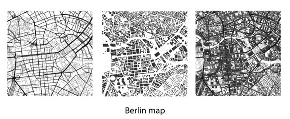 Obraz premium Berlin City Map Vector Illustration, Detailed Germany Urban Plan with Streets and Buildings, Black and White Minimalist Cartography for Design and Print