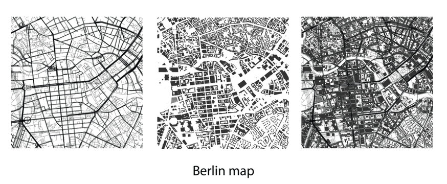 Berlin City Map Vector Illustration, Detailed Germany Urban Plan with Streets and Buildings, Black and White Minimalist Cartography for Design and Print