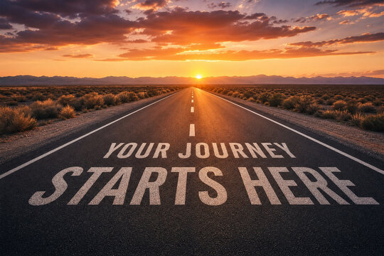 Your journey starts here message on empty road at sunset