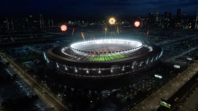 Football Championship Stadium Hosts a Packed Soccer Crowd at Night During a Cup Final Match, With Fireworks Above the Arena Marking a Major Sport Event and Tournament Celebration, Aerial Wide Shot.