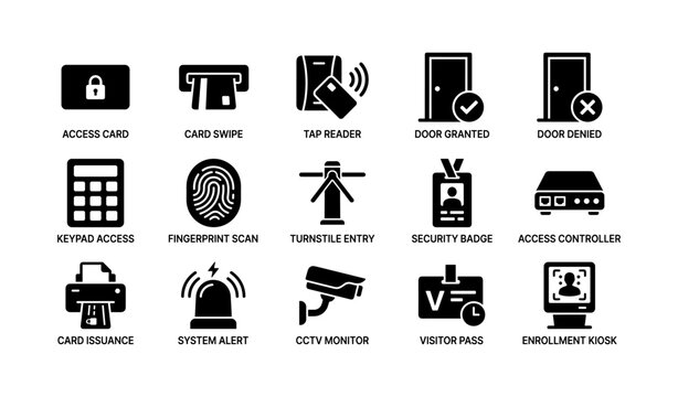 Access control and security icons arranged in grid on white background