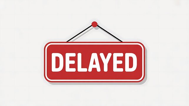Delayed sign, red notice, white text, travel disruption, flight delay