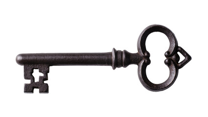 Antique ornate iron key with decorative bow and rustic shaft